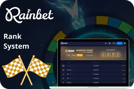 Rainbet rank progress bar displaying tier levels from Unranked through Bronze to Silver with wagering milestones and completion percentage.