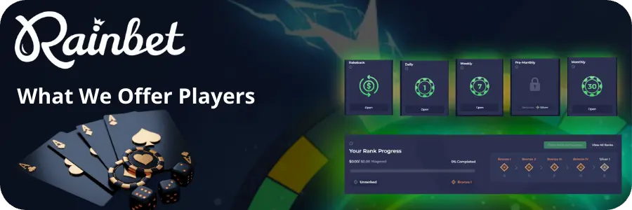 Rainbet rewards overview with rakeback and bonus cards alongside the rank progression system from Bronze to Silver.